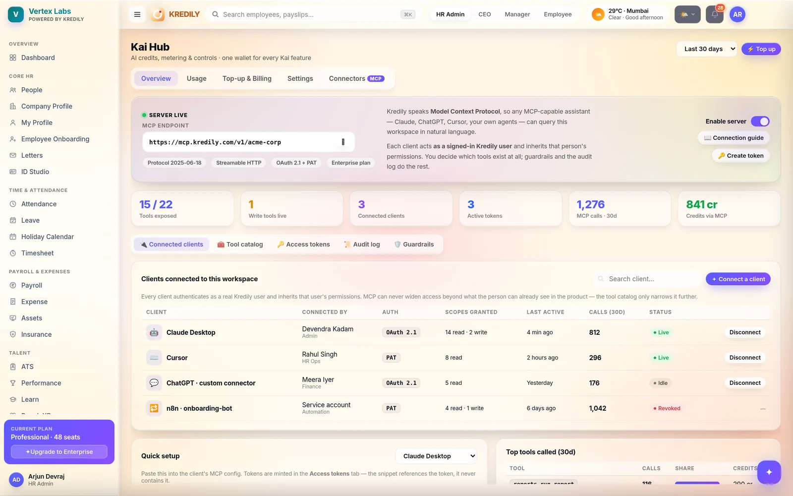 Kredily MCP connector — Claude and Gemini querying HR data with role permissions