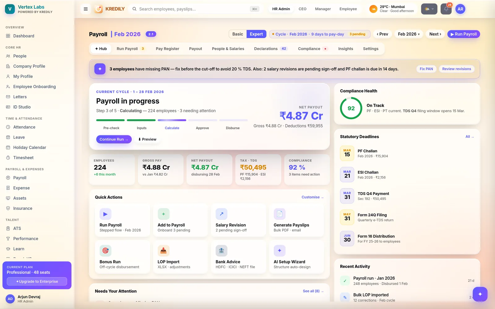 Kredily payroll run with compliance health and statutory deadlines