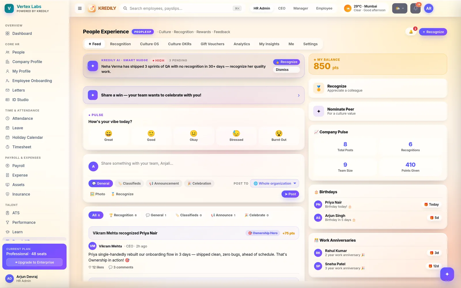 Kredily PeopleXP culture feed — recognition, rewards and pulse