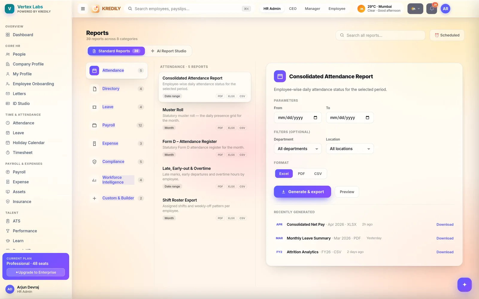 Kredily reports — 39 standard HR, payroll and statutory reports