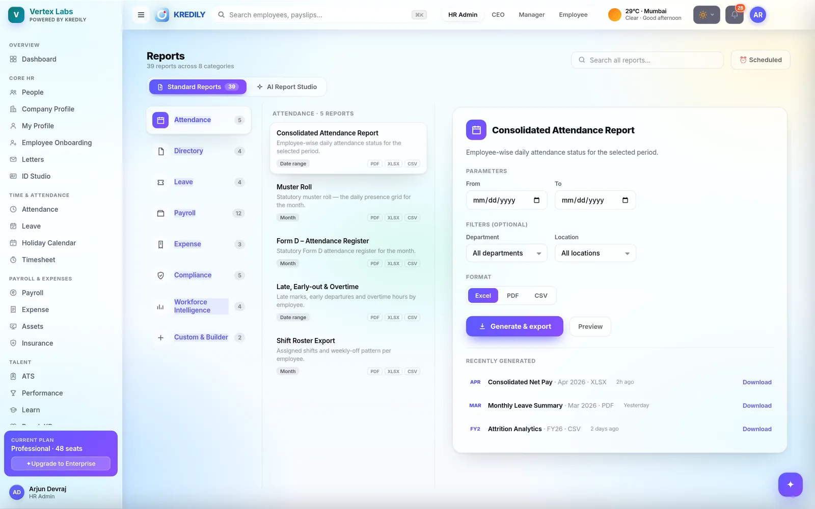 Kredily reports — 39 standard HR, payroll and statutory reports