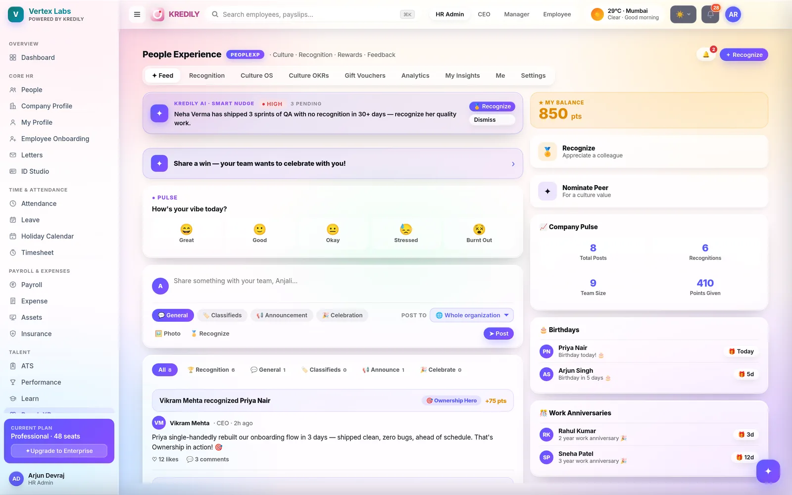 Kredily PeopleXP culture feed — recognition, rewards and pulse
