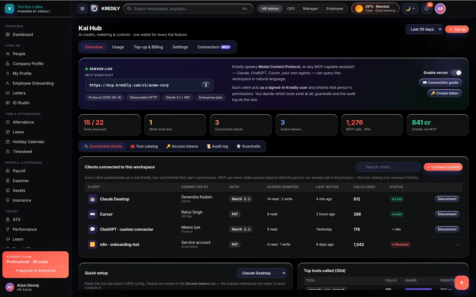 Kredily MCP connector — Claude and Gemini querying HR data with role permissions