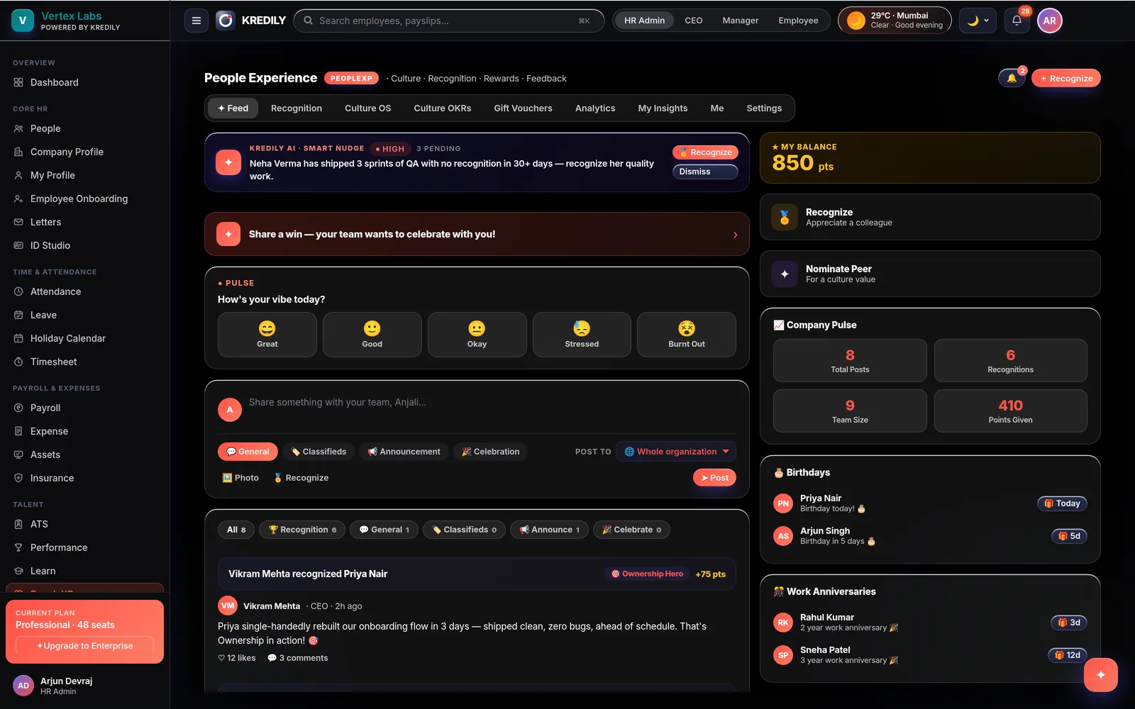Kredily PeopleXP culture feed — recognition, rewards and pulse