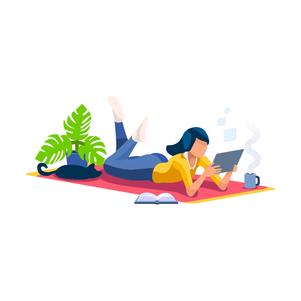 A girl is reading from a tablet and relaxing