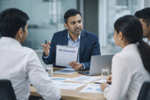 HR manager showing HR policies document to employees in office meeting