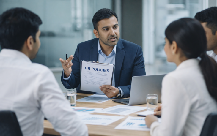 HR manager showing HR policies document to employees in office meeting