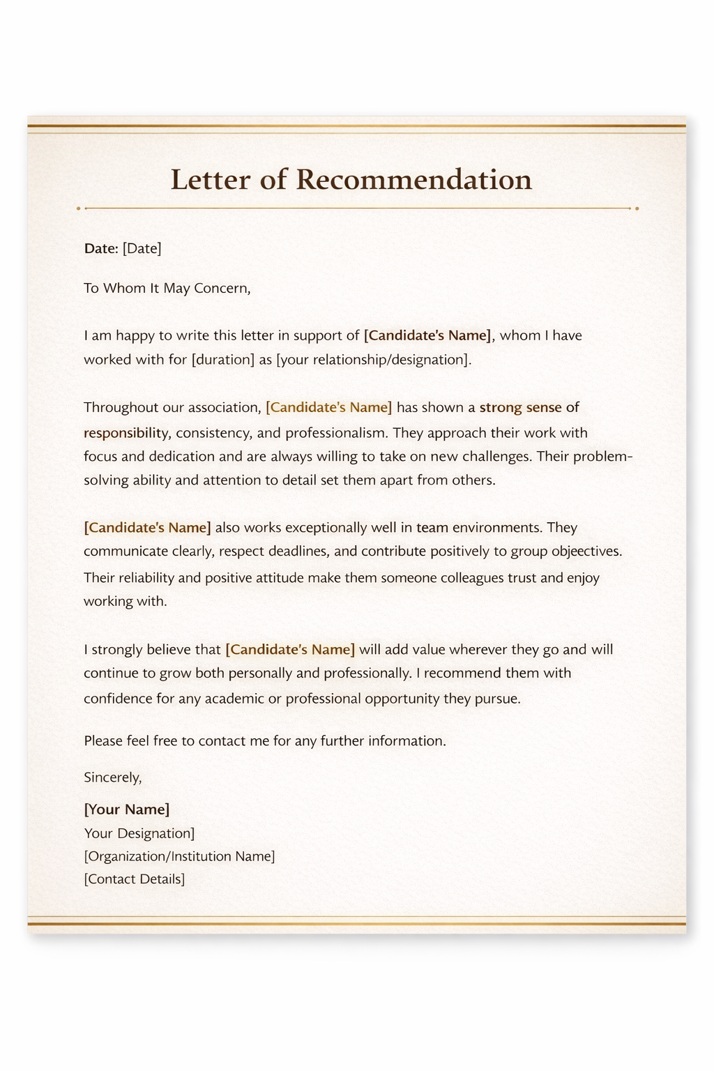 Sample letter of recommendation template with cream background and gold accents, showing a formal reference letter layout with headings, body text, and signature.
