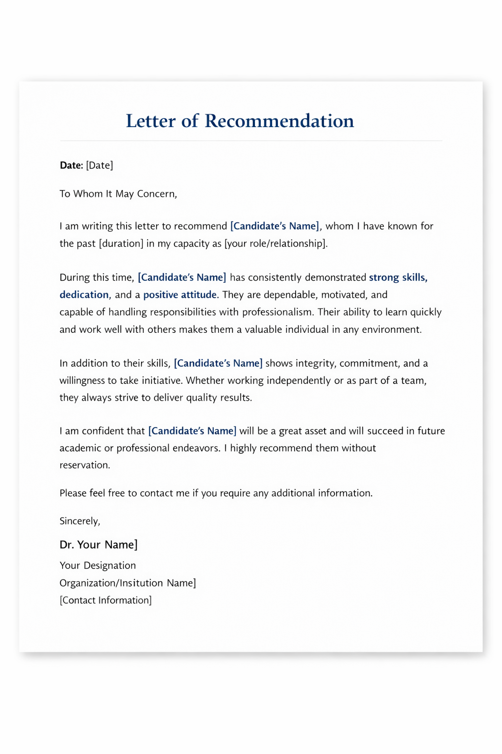 Sample letter of recommendation format showing a professionally written reference letter with heading, date, body text, and signature