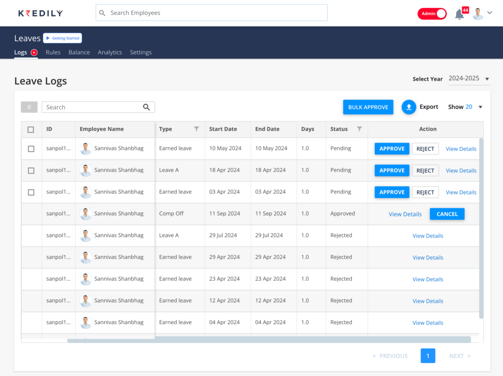 leave management system online dashboard view