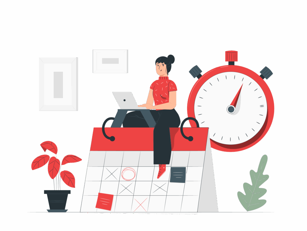 Employee tracking time on timesheet software with calendar and clock.