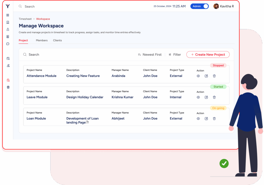 Timesheet system with project-based time logging.