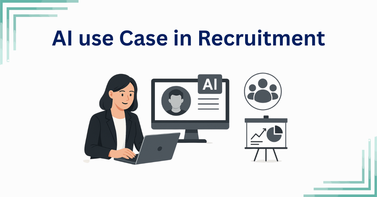 Professional flat illustration showing AI use cases in recruitment including resume screening, candidate analysis, and data-driven hiring