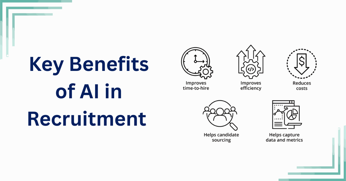 Minimal vector icons representing key benefits of AI in recruitment such as efficiency, reduced costs, candidate sourcing, and faster time-to-hire
