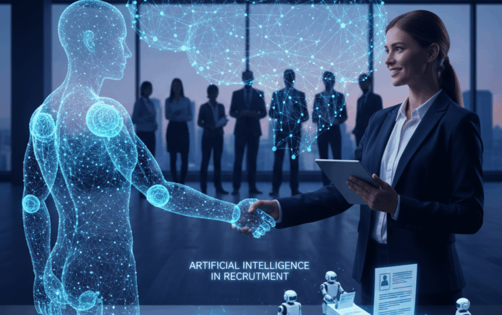 A business professional shaking hands with a digital AI figure, symbolizing artificial intelligence in recruitment with holographic data, resumes, and automation elements.