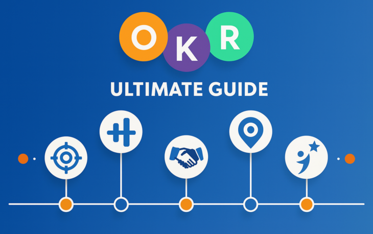 Illustrated OKR Ultimate Guide header with colorful OKR letters, timeline icons, and a modern blue background design.