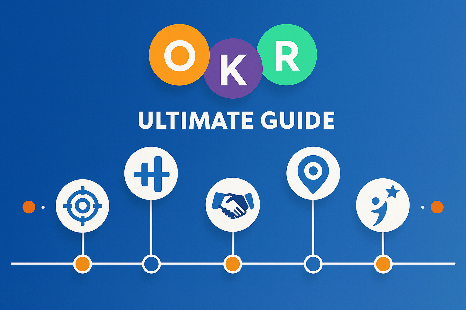 Illustrated OKR Ultimate Guide header with colorful OKR letters, timeline icons, and a modern blue background design.