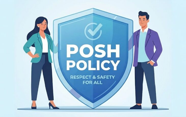 Illustration of POSH policy at workplace showing diverse employees, compliance checklist, and safety shield representing prevention of sexual harassment