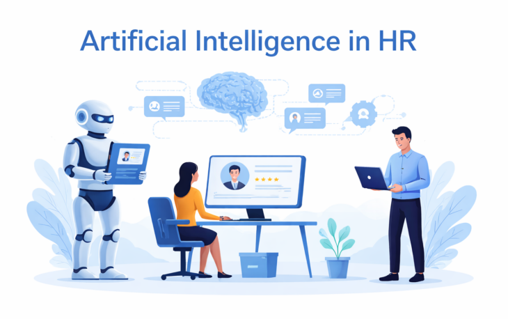 Minimal illustration of artificial intelligence in HR showing AI assisting recruiters with candidate screening and hiring