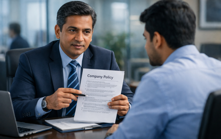 Indian HR manager in formal attire explaining a company policy document to an employee in a modern corporate office setting with soft natural lighting and blue-grey tones.