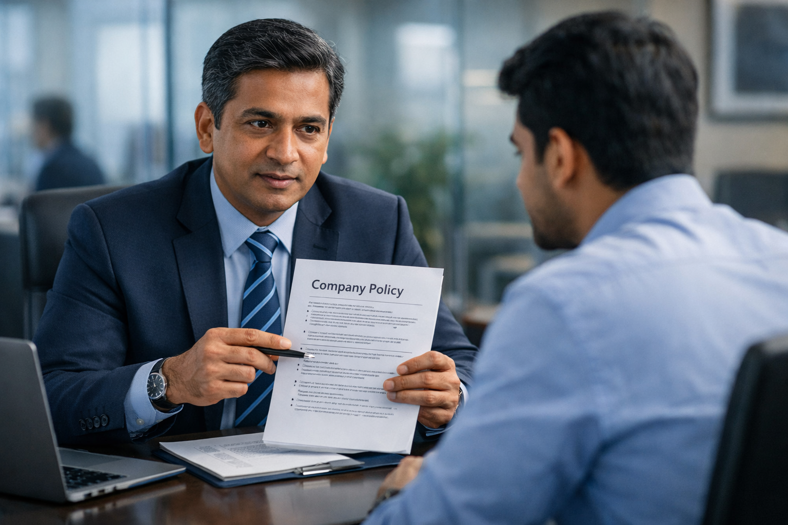 Indian HR manager in formal attire explaining a company policy document to an employee in a modern corporate office setting with soft natural lighting and blue-grey tones.