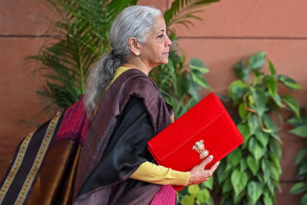 Finance Minister carrying Union Budget 2026 documents at Parliament