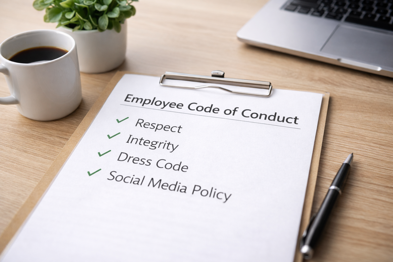 employee code of conduct document template on office desk