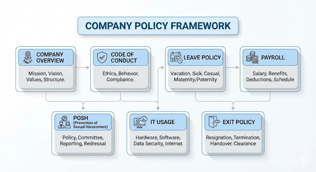 Diagram showing company overview connected to code of conduct, leave policy, payroll, POSH, IT usage, and exit policy in an employee handbook