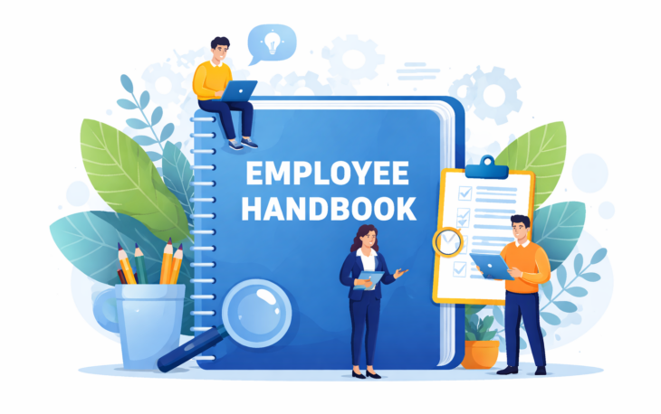 Employee handbook illustration showing company policies and employee guidelines