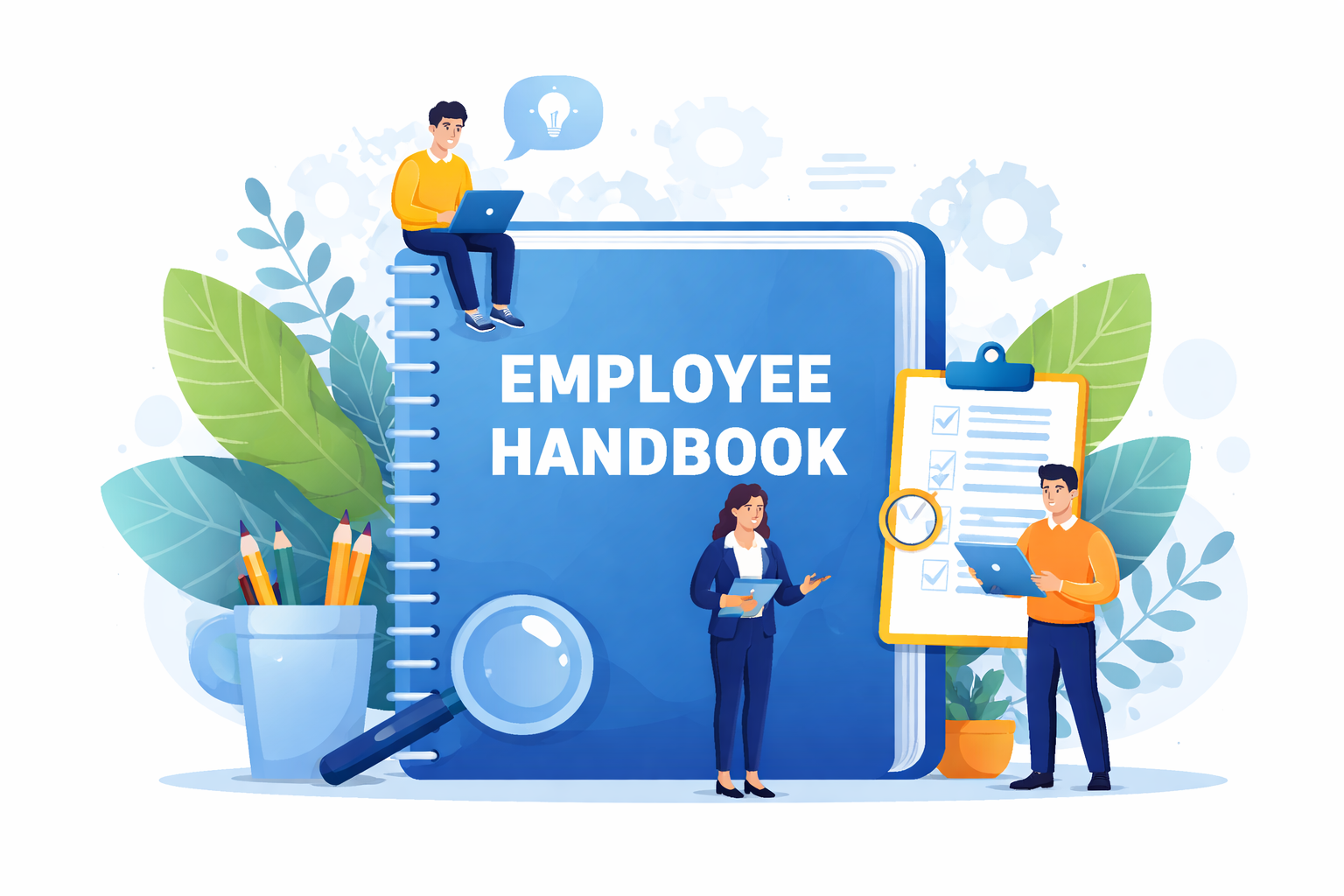 Employee handbook illustration showing company policies and employee guidelines