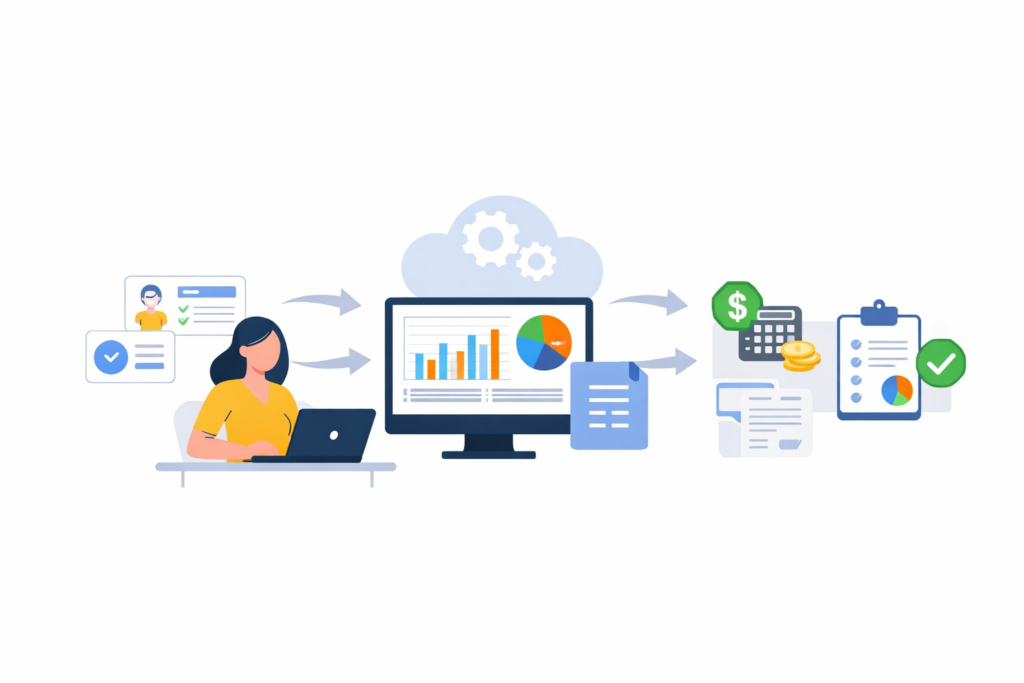 Illustration showing how HRMS processes employee data, attendance, and payroll into reports and payslips