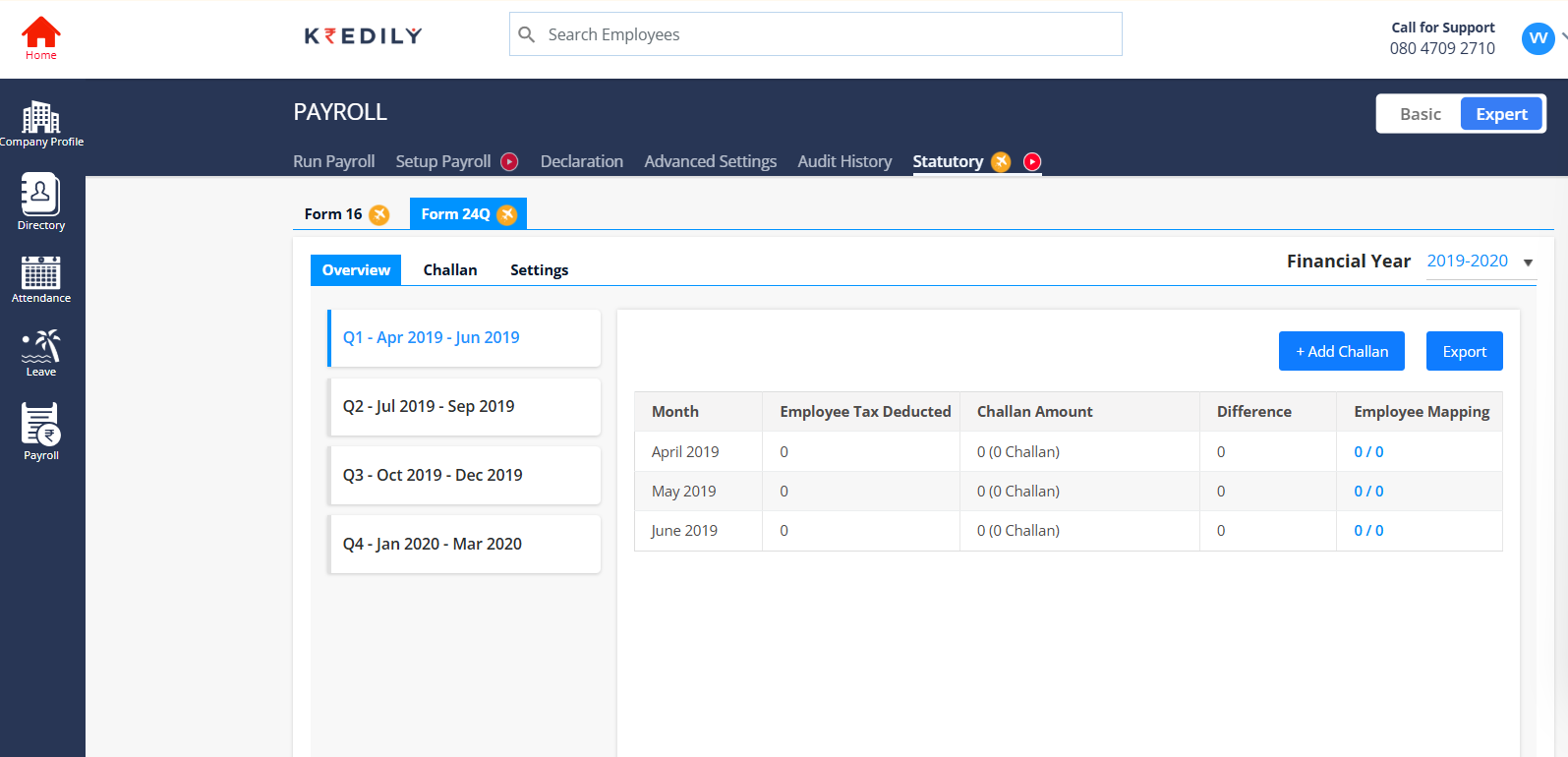Form 24Q payroll workflow showing employee tax deducted, challan amount, and quarterly TDS return tracking