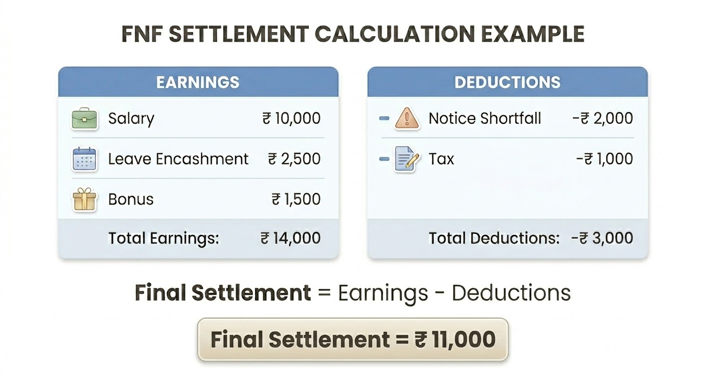 FNF settlement calculation example showing earnings and deductions