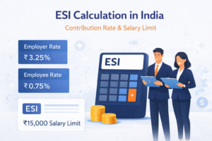 ESI calculation in India showing employer and employee contribution rates with salary limit infographic