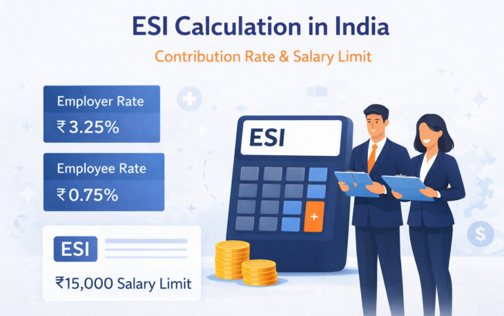 ESI calculation in India showing employer and employee contribution rates with salary limit infographic