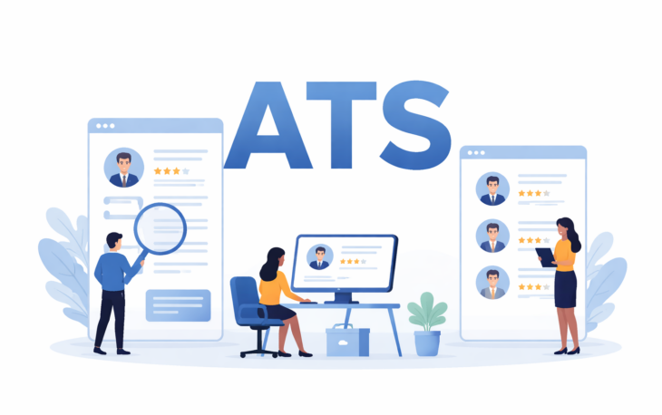Minimal illustration of an Applicant Tracking System (ATS) showing recruiters reviewing candidate profiles on a dashboard